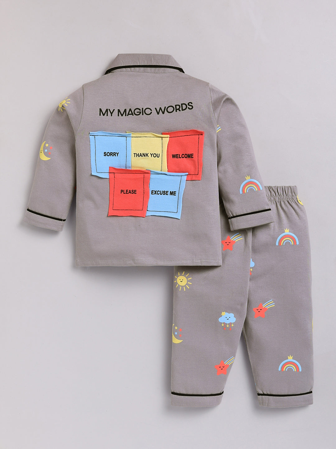 Grey Typography Cotton Full Sleeves Night Suit