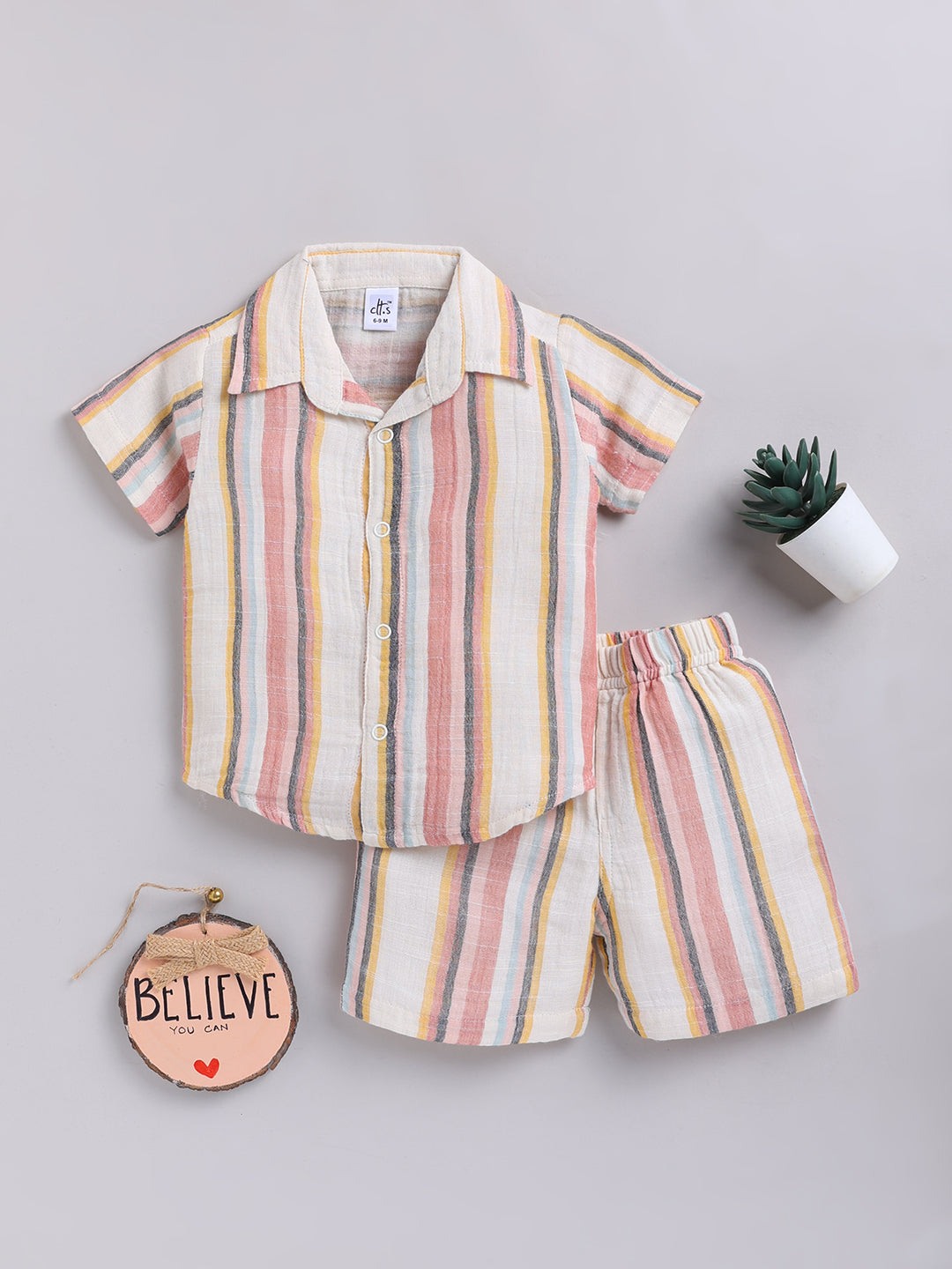 Multi Striped Cotton Short Sleeves Co-ord Set