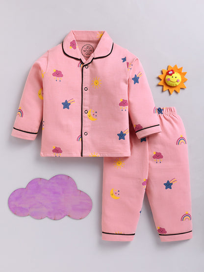 Pink Typography Cotton Full Sleeves Night Suit