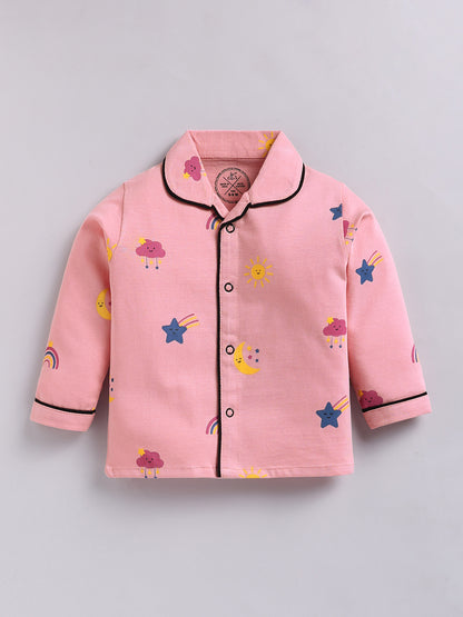 Pink Typography Cotton Full Sleeves Night Suit