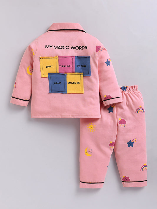 Pink Typography Cotton Full Sleeves Night Suit
