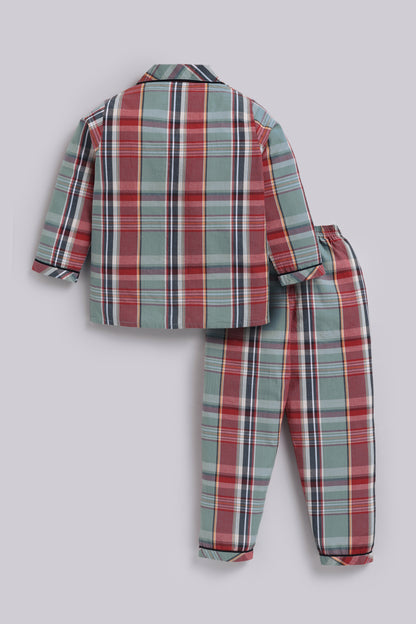 Green Checked Cotton Full Sleeves Full Night Suit