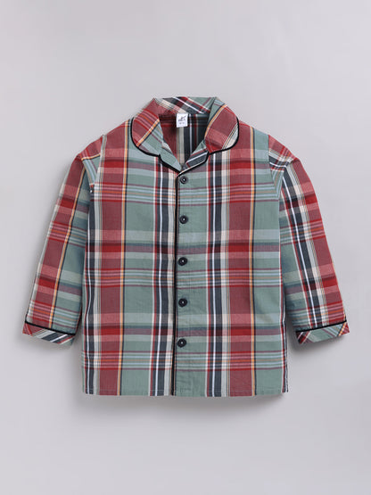 Green Checked Cotton Full Sleeves Full Night Suit