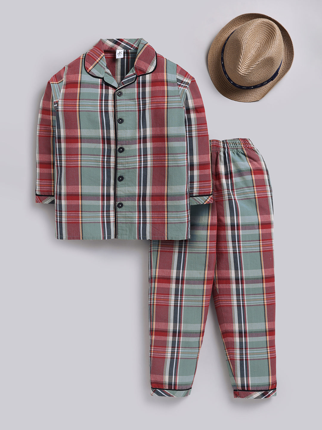 Green Checked Cotton Full Sleeves Full Night Suit