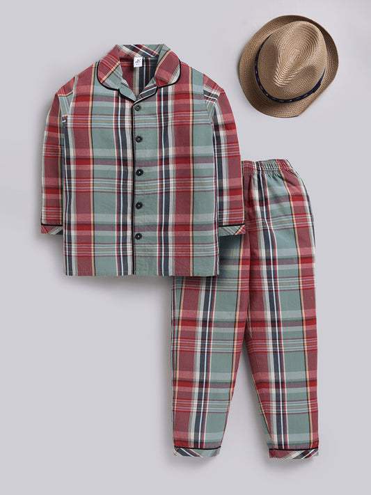 Green Checked Cotton Full Sleeves Full Night Suit