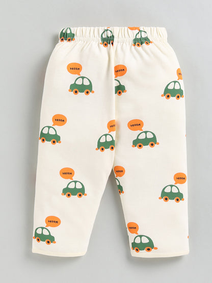 Cream Car Print Cotton Full Sleeve Night Suit