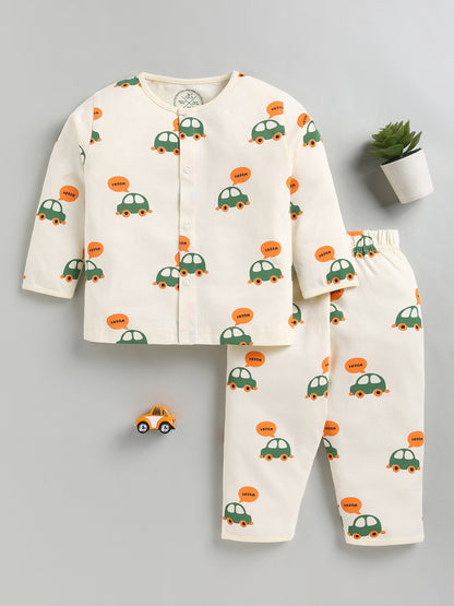 Cream Car Print Cotton Full Sleeve Night Suit