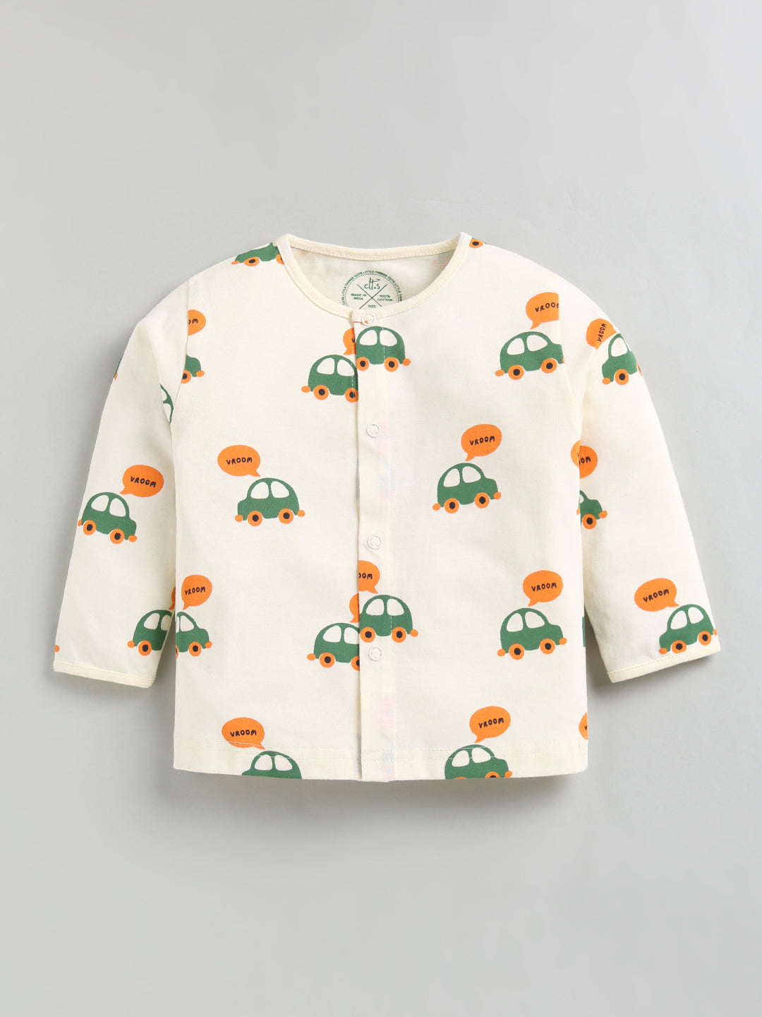Cream Car Print Cotton Full Sleeve Night Suit