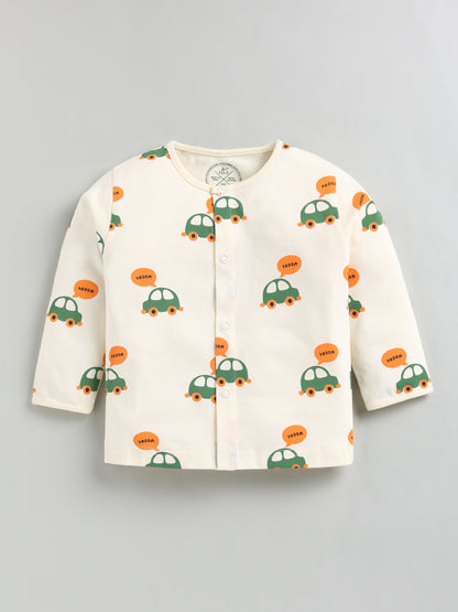 Cream Car Print Cotton Full Sleeve Night Suit