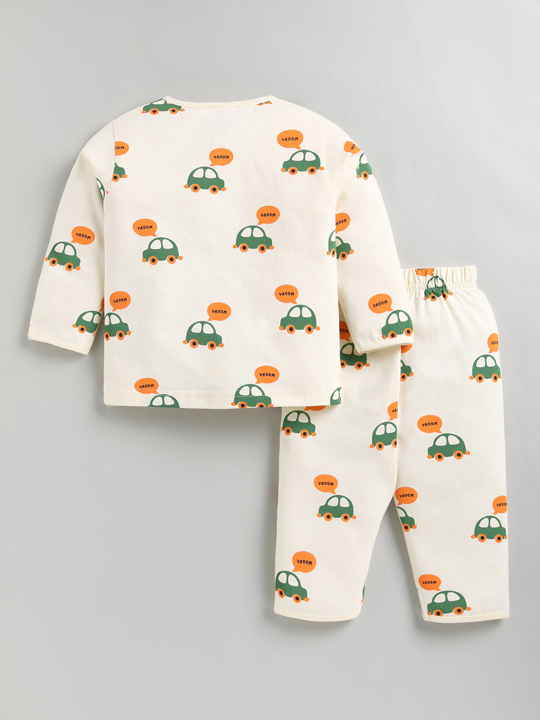 Cream Car Print Cotton Full Sleeve Night Suit