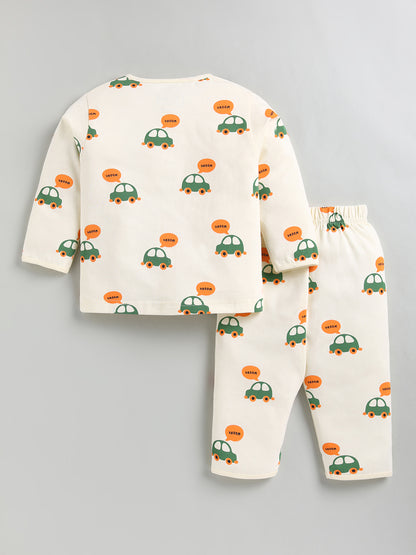 Cream Car Print Cotton Full Sleeve Night Suit