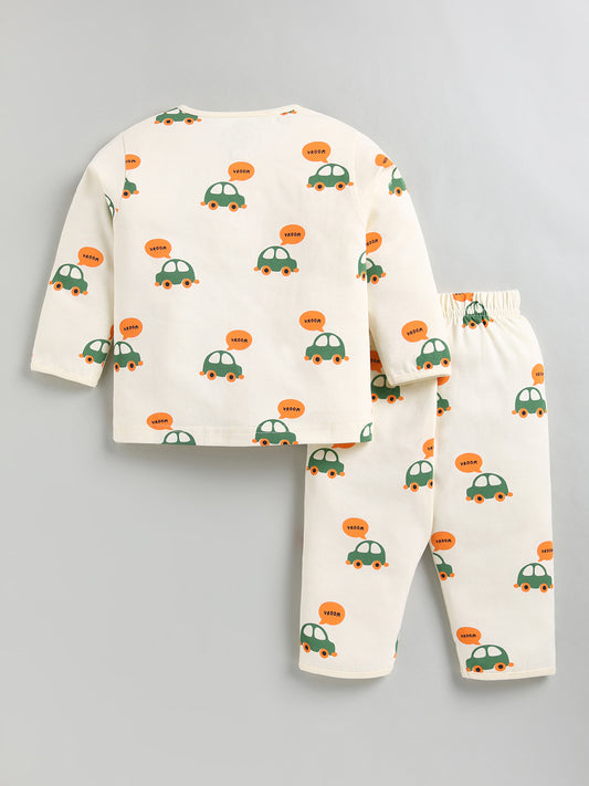 Cream Car Print Cotton Full Sleeve Night Suit
