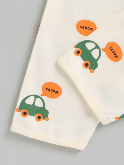 Cream Car Print Cotton Full Sleeve Night Suit