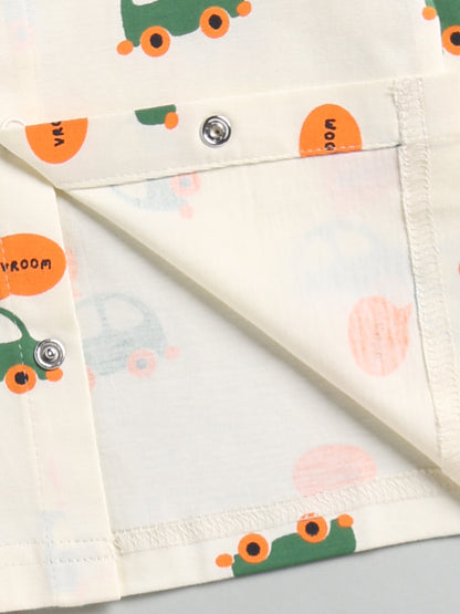 Cream Car Print Cotton Full Sleeve Night Suit
