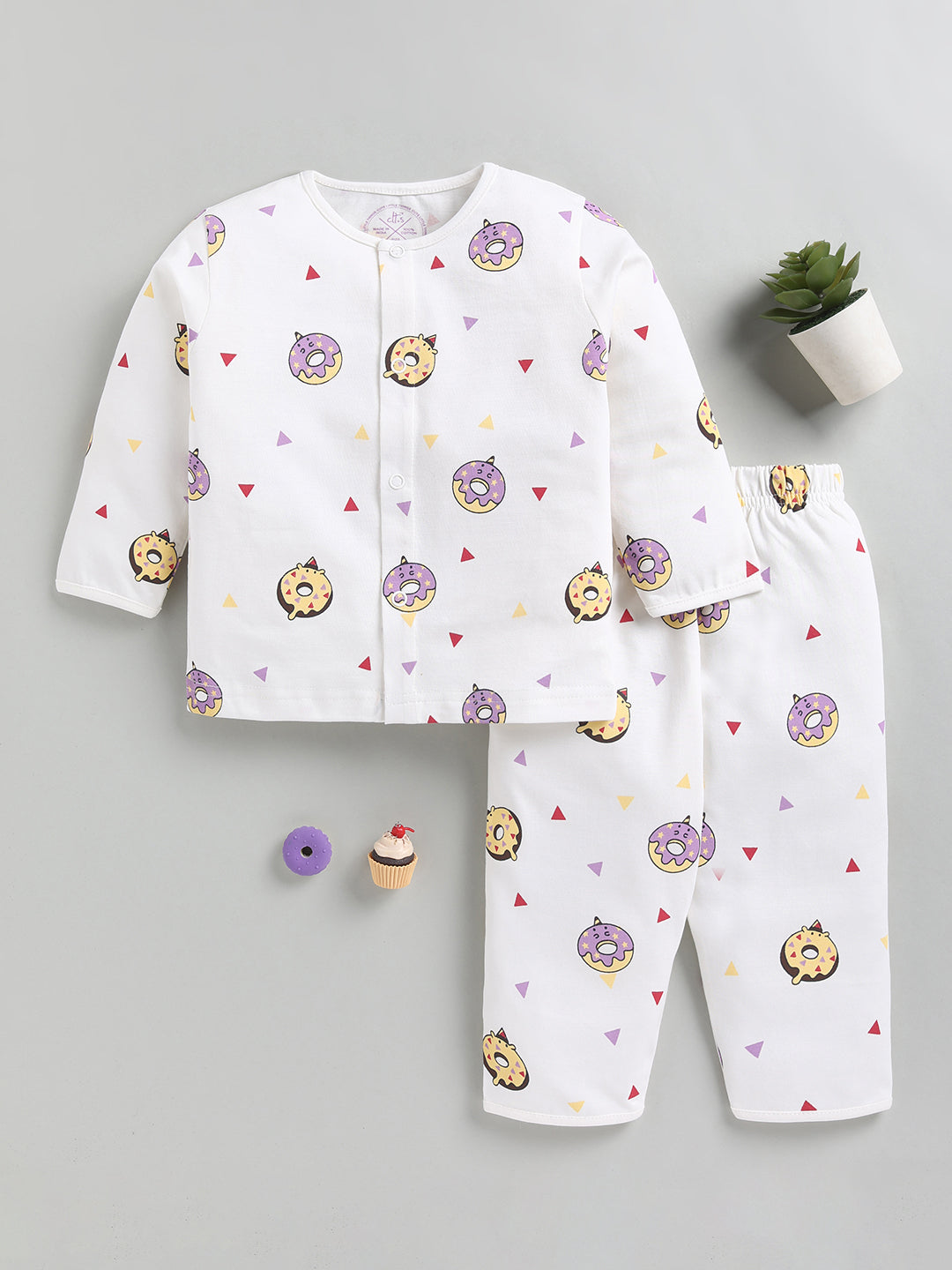 Off White Donut Print Cotton Full Sleeve Night Suit