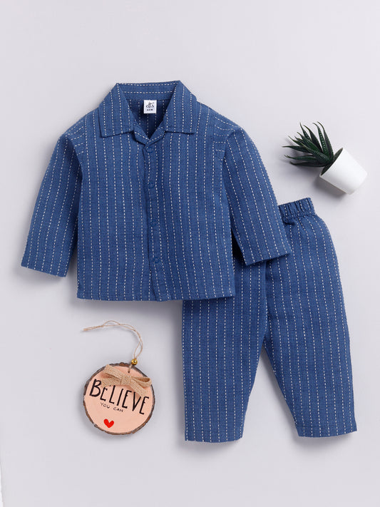 Blue Striped Full Sleeve Night Suit