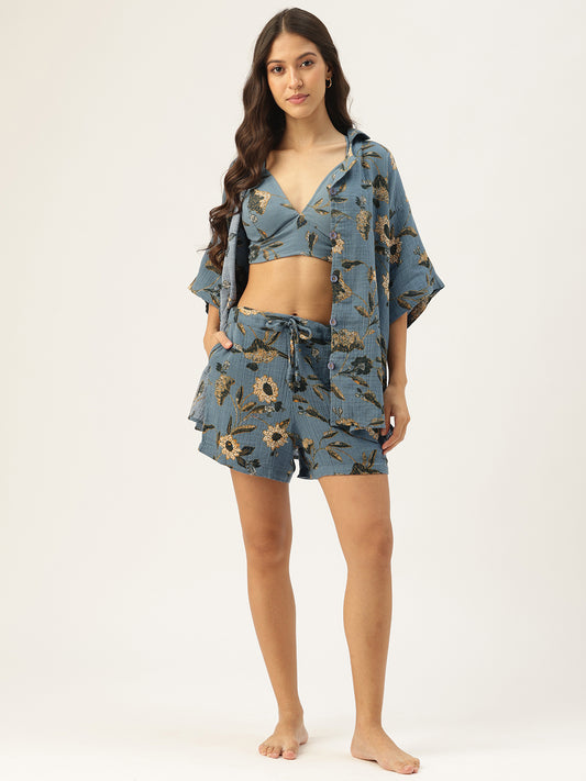 3 Pcs Blue Floral Holiday Set