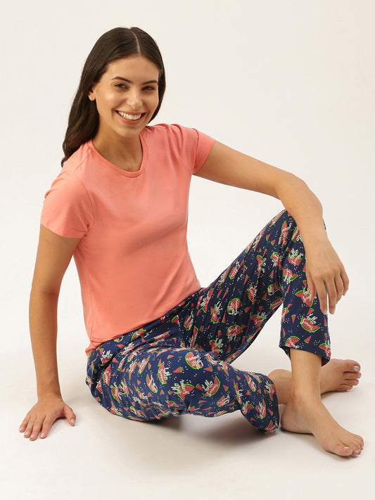 Women Blue Printed Cotton Pyjamas