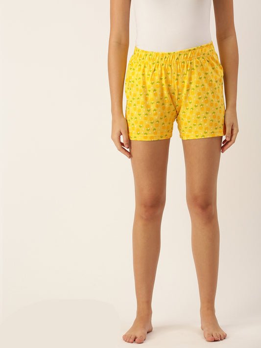 Women Yellow & Green Conversational Printed Cotton Shorts