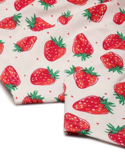 Women White & Red Strawberry Printed Cotton Shorts