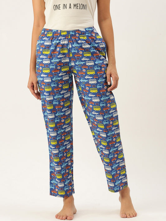 Women Blue Printed Cotton Pyjamas