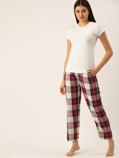 Women Red & White Pure Cotton Checked Pyjamas
