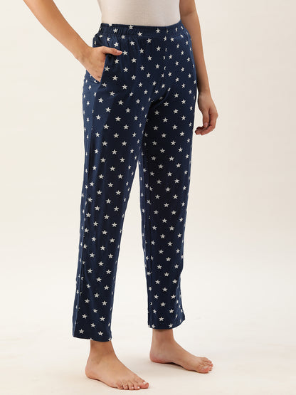 Women Navy Blue & White Printed Cotton Pyjamas