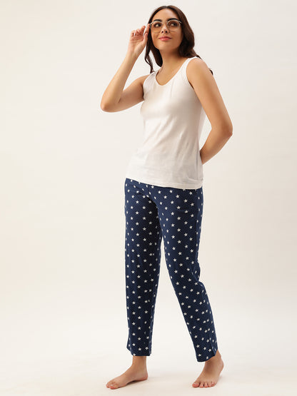 Women Navy Blue & White Printed Cotton Pyjamas