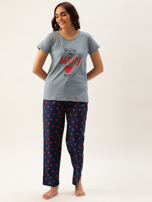 Typography Blue T-shirt & Pyjamas Nightsuit