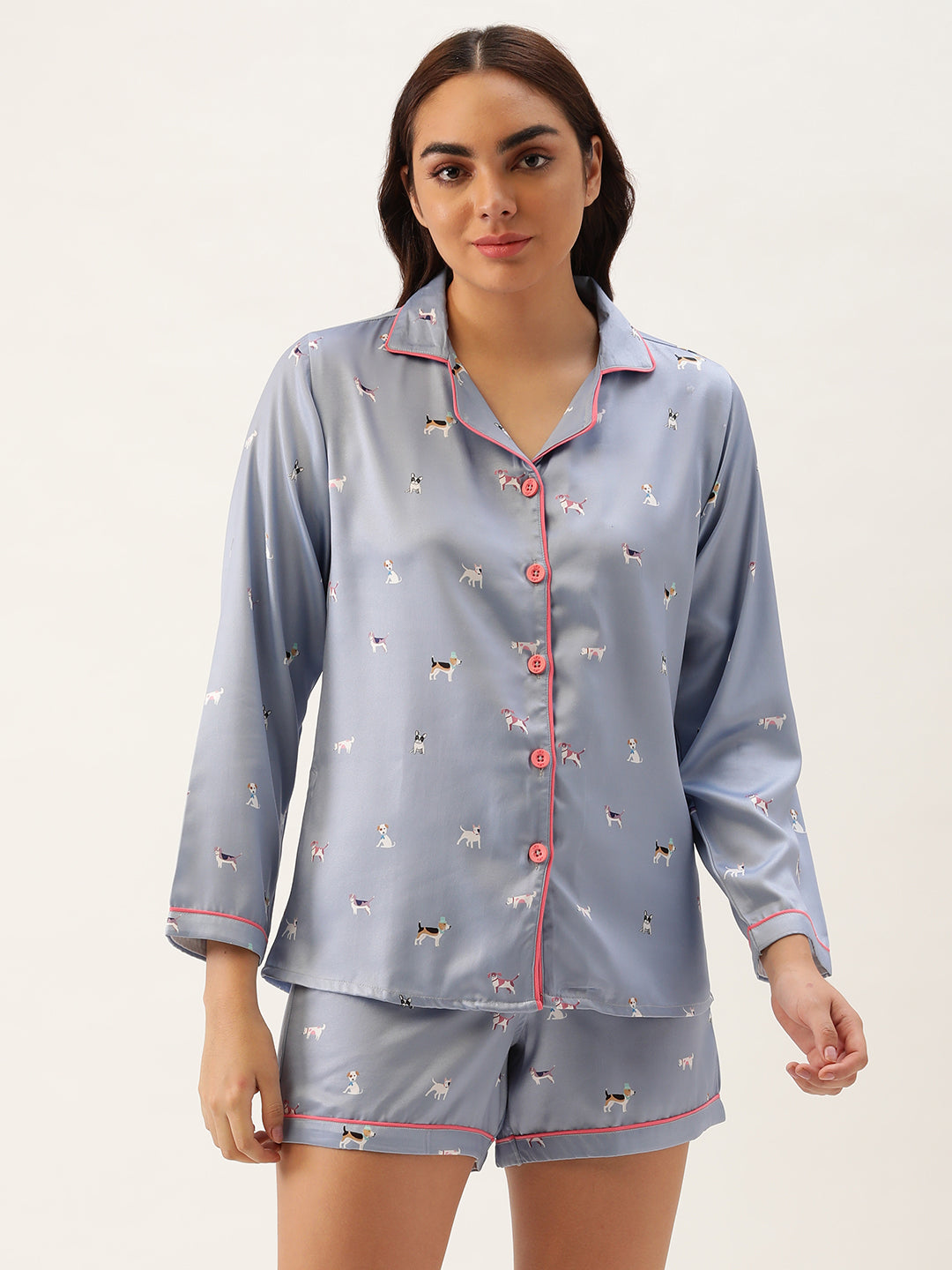 Animal Printed Women 3 pcs Button Up Nightsuit with Shorts (Blue)