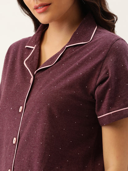 Polka Dots Purple Women Button Up Nightsuit