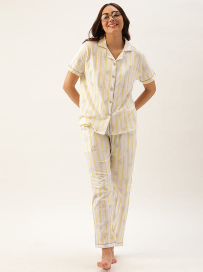 Yellow Striped Women Button Up Nightsuit