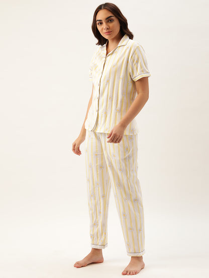 Yellow Striped Women Button Up Nightsuit