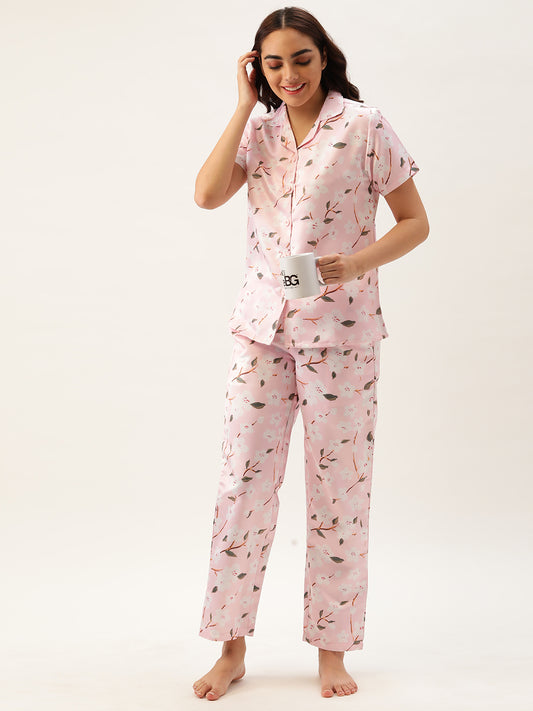 Floral Pink Women Button Up Nightsuit
