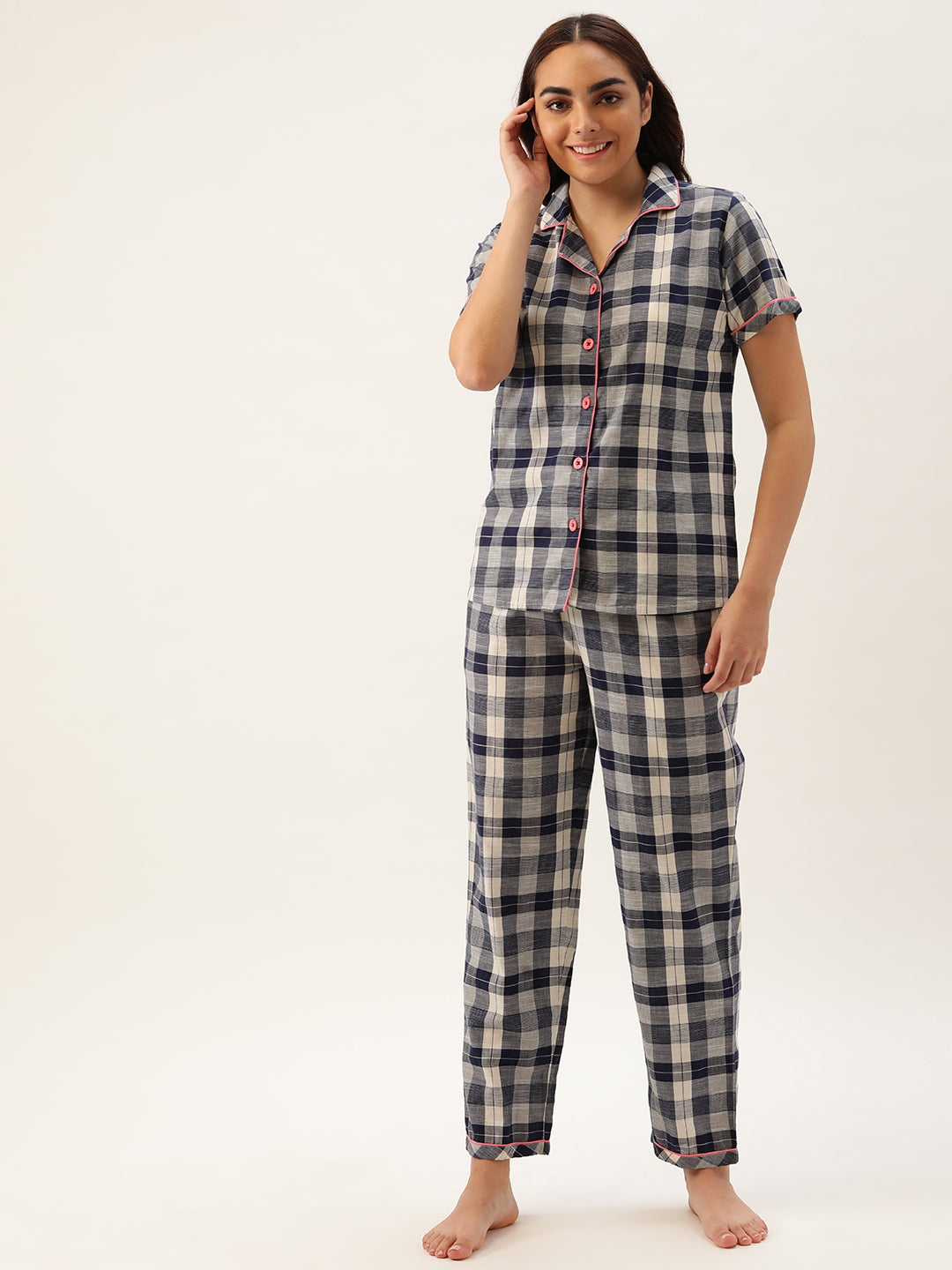Blue Checkered Women Button Up Nightsuit with Shorts