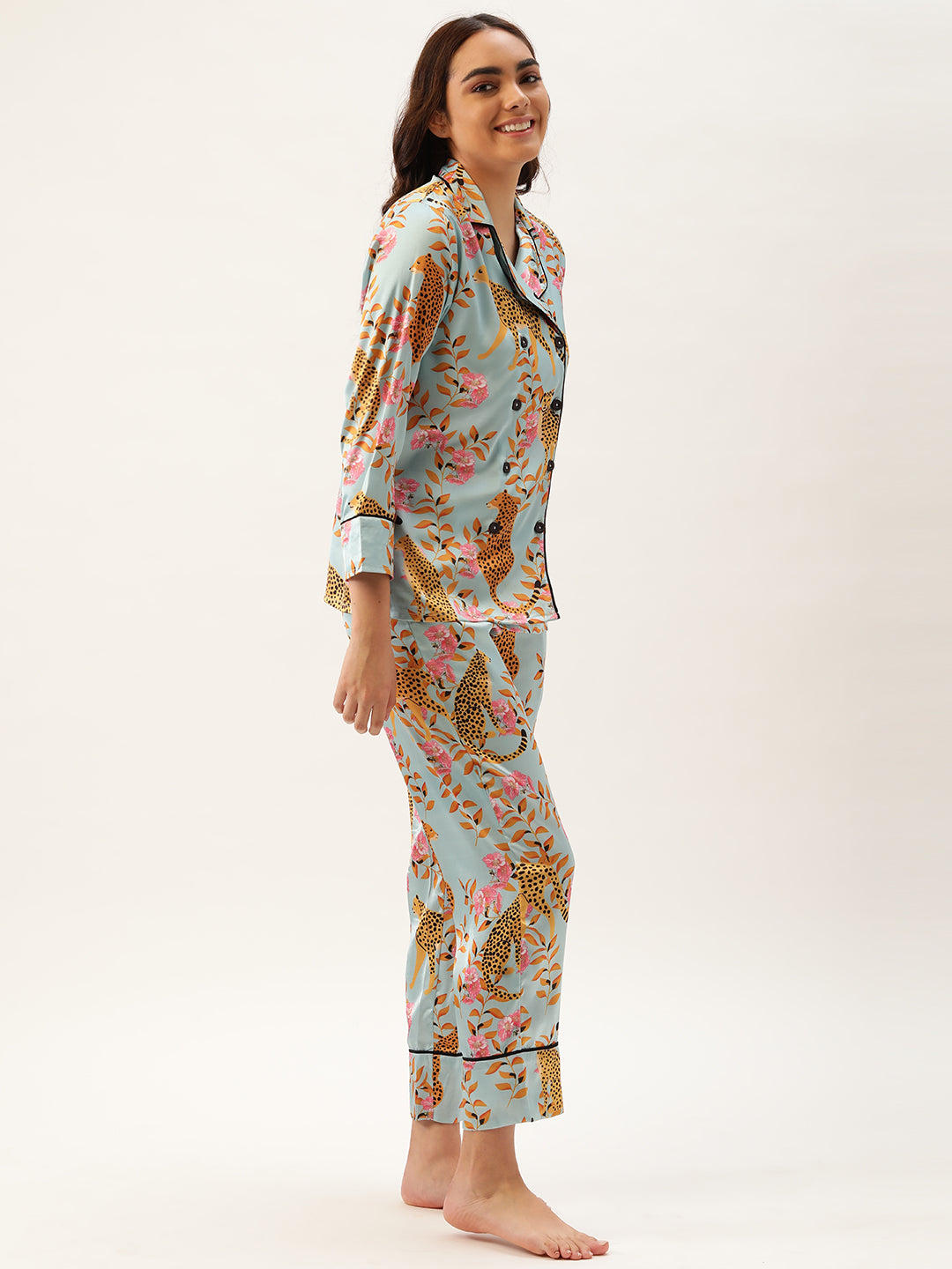 Animal Print Multi color Women Button Up Nightsuit