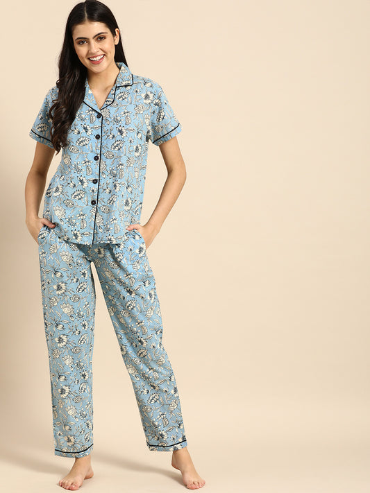 Blue Women Button Up Nightsuit