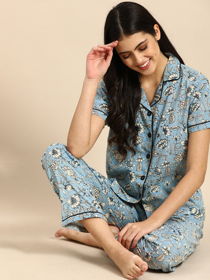 Blue Women Button Up Nightsuit