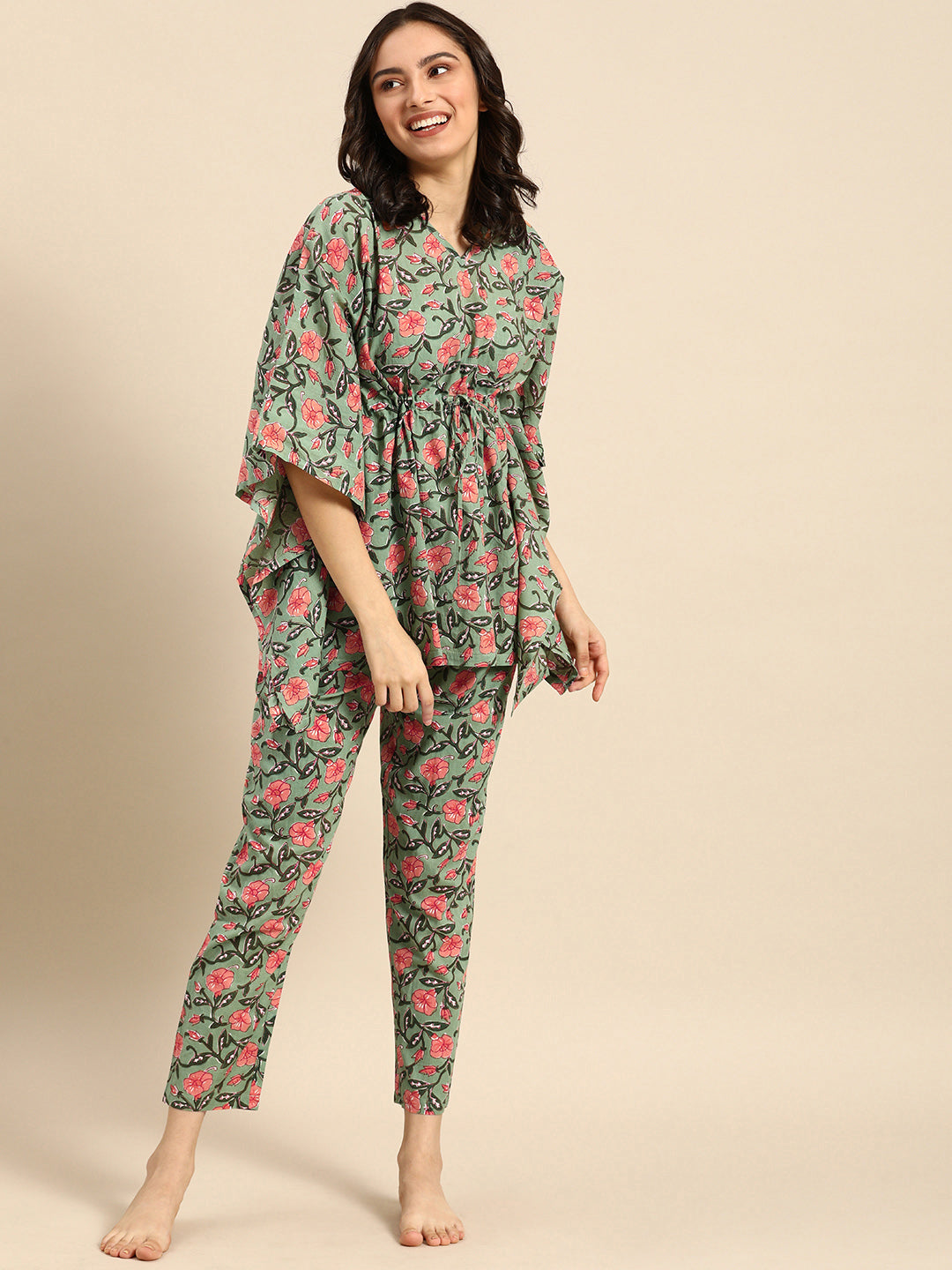 Green Kaftan & Pyjama Set