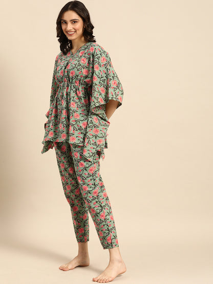 Green Kaftan & Pyjama Set