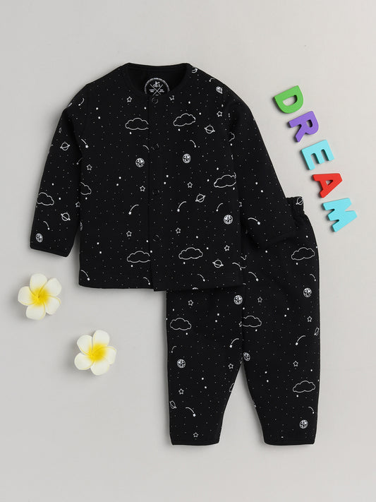 Black Space Printed Full Sleeve Nightwear Set