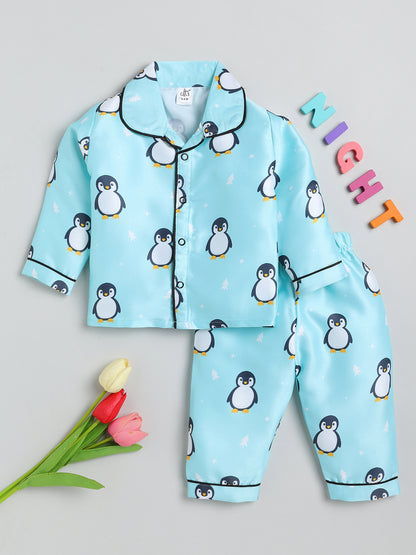 Blue Penguin Printed Satin Full Sleeve Nightwear Set