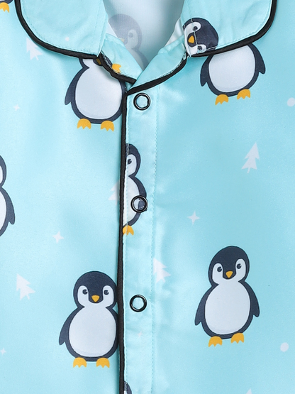 Blue Penguin Printed Satin Full Sleeve Nightwear Set
