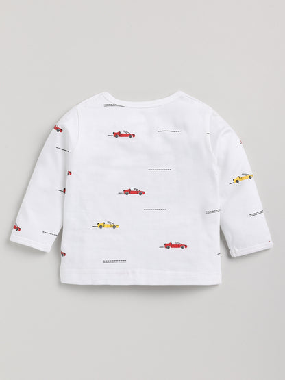 Racing Cars Graphic White Full Sleeve Cotton Nightwear Set