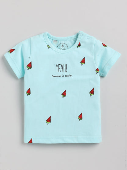 Watermelon Print Graphic Blue Half Sleeve Cotton Nightwear Set