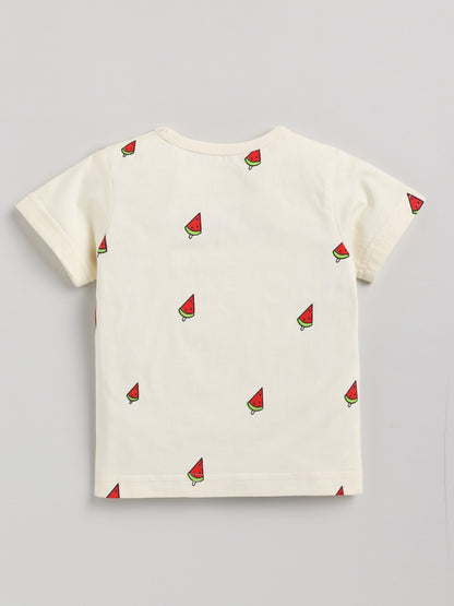 Watermelon Print Graphic Cream Half Sleeve Cotton Nightwear Set