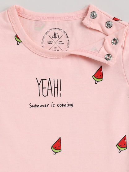 Watermelon Print Graphic Pink Half Sleeve Cotton Nightwear Set