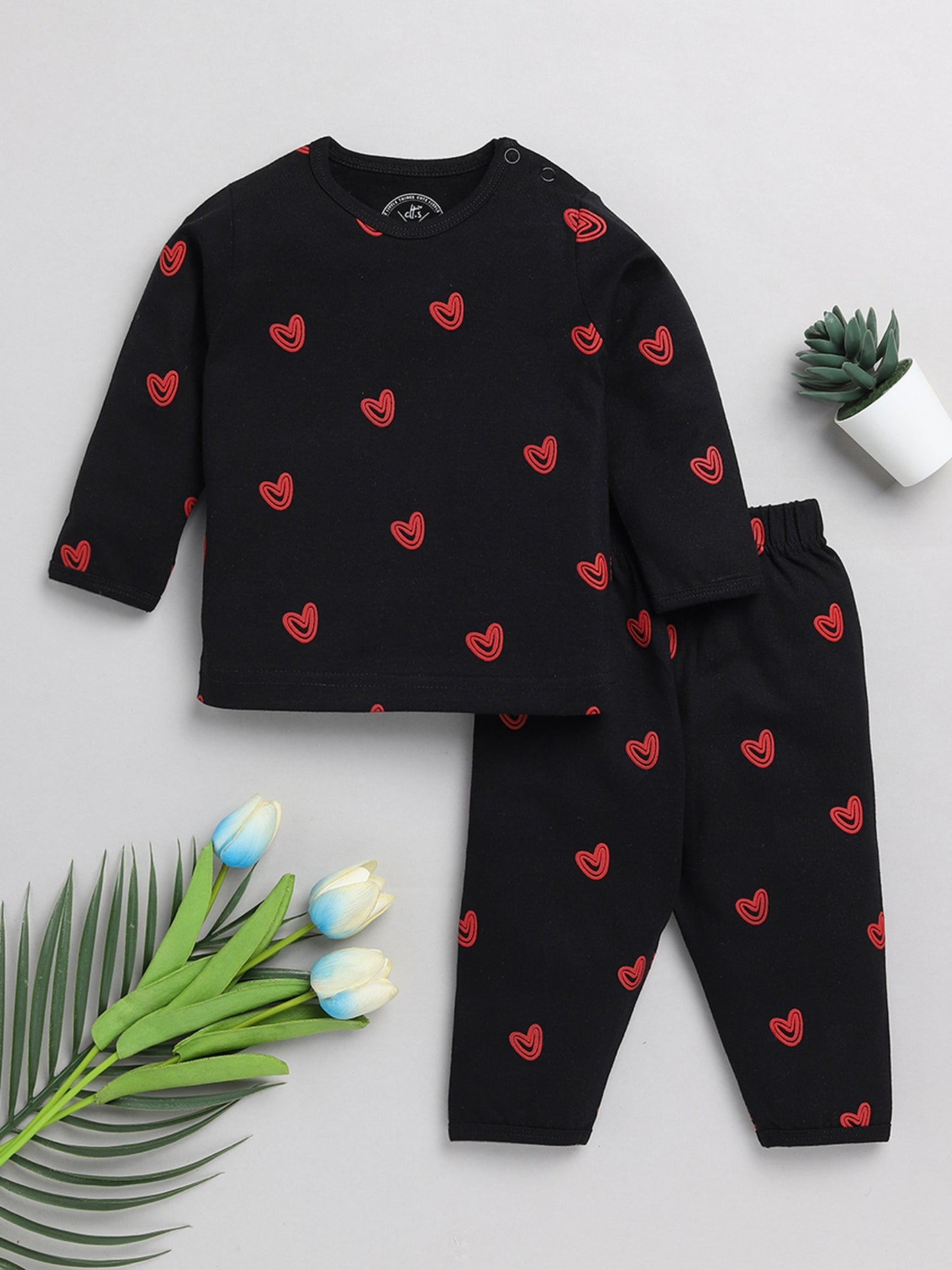 Hearts Black Cotton Full Sleeve Nightwear Set