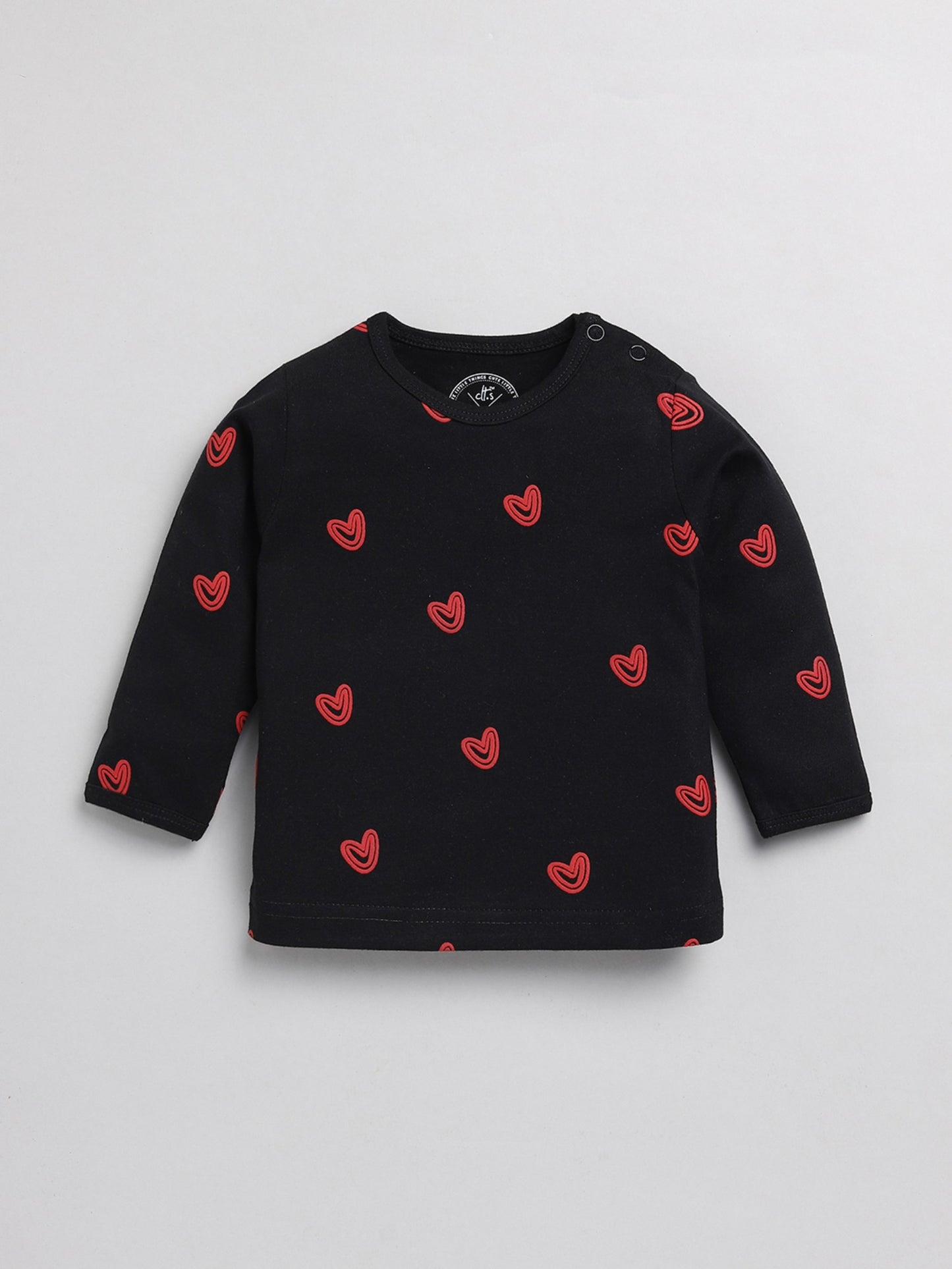 Hearts Black Cotton Full Sleeve Nightwear Set