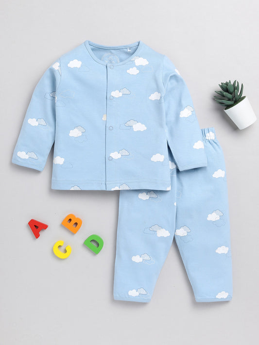 Clouds Light Blue Cotton Full Sleeve Nightwear Set